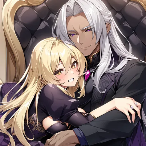 ((Highest quality)), ((masterpiece)), (detailed), （Perfect Face）、The woman has dark complexion, medium-long silver hair, is wearing an engagement ring, and is hugging the man with a happy expression.、The man is the evil leader, Naioro, a handsome man with ...