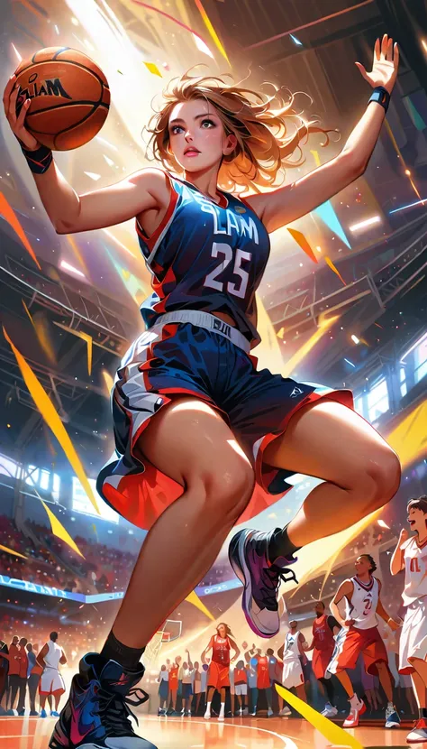 full body shot, low angle shot, (A woman basketball player,1girl,beautiful detailed eyes,beautiful detailed lips,extremely detailed eyes and face,longeyelashes,intense focused expression, game-winning dunk, long and high jump with ball, slam dunk, basketba...