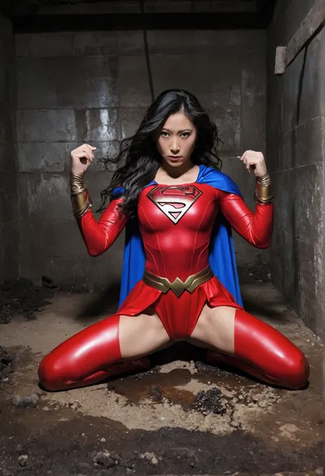 Superwoman，Red boots，Superwoman全身被铁链牢牢拴住无法动弹，In the dungeon，There was a lot of milk on the ground，Hands and feet are tied，Electrocuted，