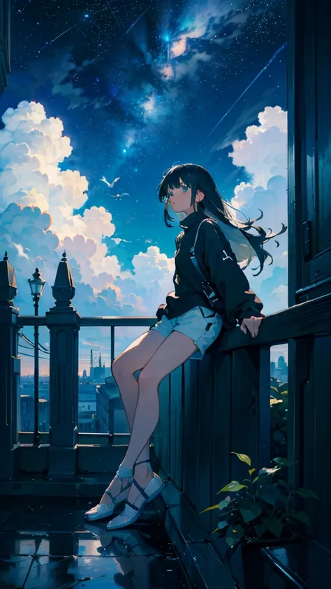 masterpiece, Exquisite detail,Highest quality, One girl, alone, handrail, cloud, Looking up at the buildings,Long Hair, NULL, Long sleeve, Power lines, White footwear, Black Hair, View your viewers, Electric pole, bangs, cloudy NULL, fish, bird, Green Eyes...