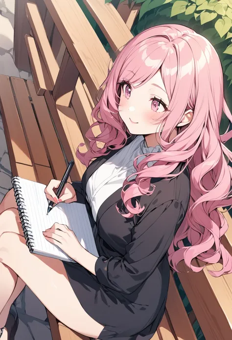 An illustration of a woman with pink, rosy cheeks, pink eyes, and long pink wavy hair. The woman is happily writing on a notebook and sitting on a bench. 