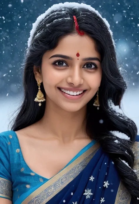 Beautiful indian girl black hair smile face dream full eyes come form heaven blue saree snow fall background nurturescape midnight ultra realistic 8k