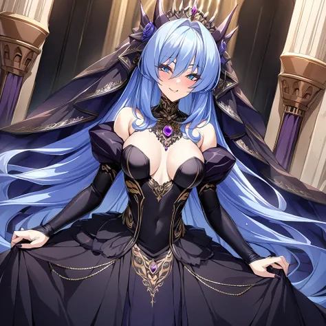 ((Highest quality)), ((masterpiece)), (detailed), （Perfect Face）、The woman is the evil queen, Extia, with medium-long blue hair, wearing a gorgeous black wedding dress with gold embroidery and trim, a black wedding veil, an engagement ring, and gorgeous ac...