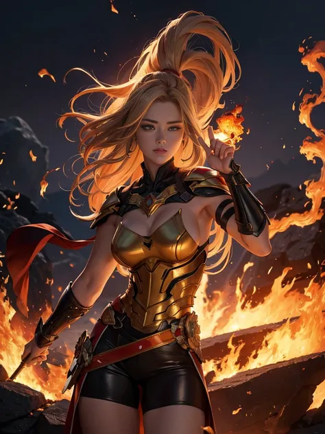 Masterpiece,Superior Quality,8K,super ultra realistic,great details ,AMBER HEARD,pectoralis major muscle,form-fitting armor, bang,fire, Burning, Burnt clothes, coals, ahoge, beige hair, multicolored hair, fire, flame, flaming sword, (hand on the handle), s...