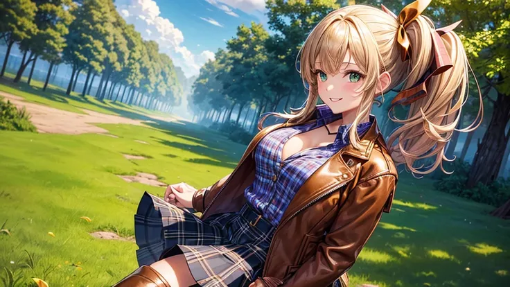 1girl, solo, village, trees, sun, clouds, ((colorful hair)), side ponytail, large breasts, ((brown leather jacket)), button down shirt, ((blue checked shirt)), ((unbuttoned shirt)), unbuttoning buttons, cleavage 1:3 green eyes, long skirt, brown boots, smi...