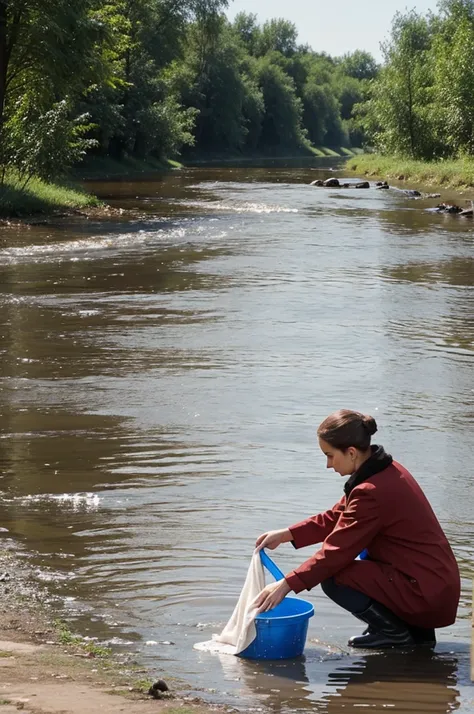 Russian woman washes clothes on the river