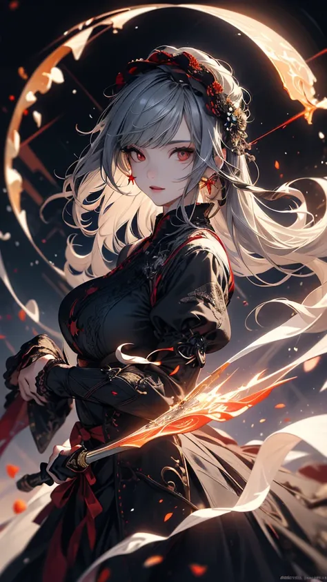 masterpiece, high quality, 4K, Beautiful design, silhouette，Gray Hair， 非常に詳細な夜のStarry Sky,Flower Field， wonderful, Finer details,  Very knowledgeable woman, Highly detailed solo, 1 female,Red eyes，Big Breasts，Gothic Lolita Fashion，Night view，Starry Sky，Red...