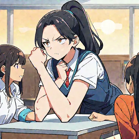 (Highest quality、masterpiece、High resolution、detailed)1 girl、(Black Hair、ponytail:1.2)、(high school student、uniform)、(Arm wrestling with friends:1.3)、Serious expression、School classroom、(Highest quality、masterpiece、High resolution、detailed)Anime Style、Flat...