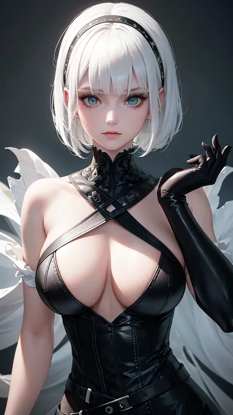 girl with white hair,with bangs, black gloves, green eyes, gothic,4K, masterpiece, perfect body, stem,perfect eyes, perfect shading, perfect lighting, best quality, work of art, ultra detailed, detailed clothing