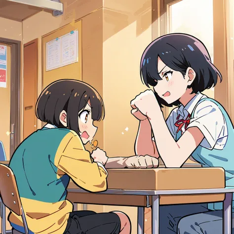 1 girl、(Black Hair、short hair:1.2)、(high school student、uniform)、(Arm wrestling with friends:1.3)、Brave look、School classroom、(Highest quality、masterpiece、High resolution、detailed)animeスタイル、Flat Style、(Shining Eyes、detailed美しい顔), break,anime