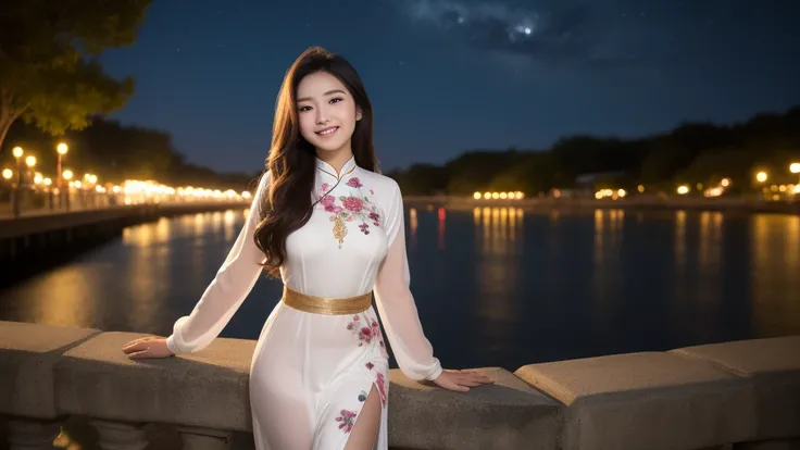 full body, bucklight, An 18-year-old beautiful Vietnamese female smiling towards the viewer, standing by the water front under a night sky, surrounded by a multitude of fireflies dancing at her feet. Wearing sandals and an Ao Dai, with a glamorous figure, ...