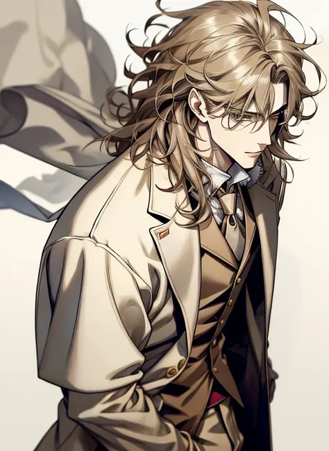 Portrait of a man in his 20s, 28 year old man, uncanny, melancholy, standing, Above the waist, hands down, ((beige three piece suit)), ((hair between the eyes)), long side hair, bangss, ((looking ahead at viewer)), Messy hair, Hair to the shoulders, beige ...