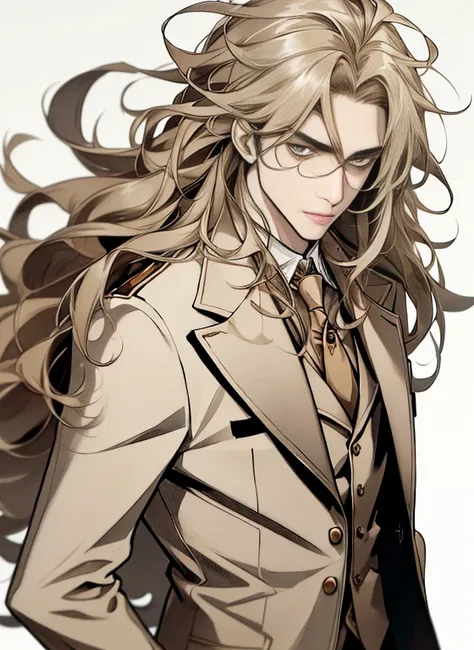 Portrait of a man in his 20s, 28 year old man, uncanny, melancholy, standing, Above the waist, hands down, ((beige three piece suit)), ((hair between the eyes)), long side hair, bangss, ((looking ahead at viewer)), Messy hair, Hair to the shoulders, beige ...