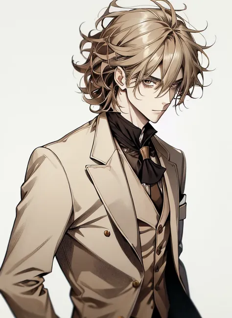 Portrait of a man in his 20s, 28 year old man, uncanny, melancholy, standing, Above the waist, hands down, ((beige three piece suit)), ((hair between the eyes)), long side hair, bangss, ((looking ahead at viewer)), Messy hair, Hair to the shoulders, beige ...