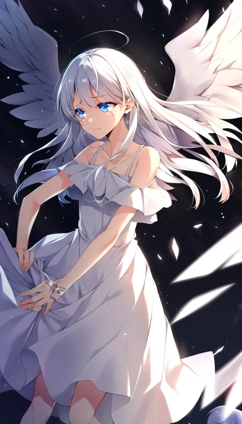 one girl, fallen angel, angel wing, angel ring, sacred, cute, naive, tears runs down, 15 years old, beautiful, light blue eyes, white dress, white hair, hurt