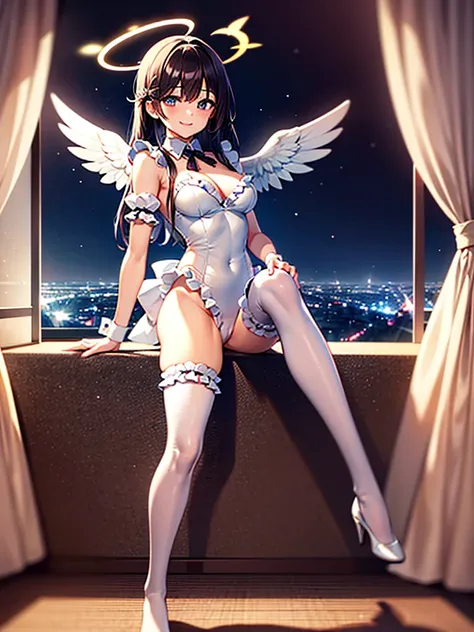 Highest Resolution,8K quality,Smiling beautiful girl in maid leotard,High leg,(((Frills))),White angel wings on your back,Halo,Bedroom,Night view outside the window,Very beautiful eyes,whole body,front,Knee-high stockings,Drink,