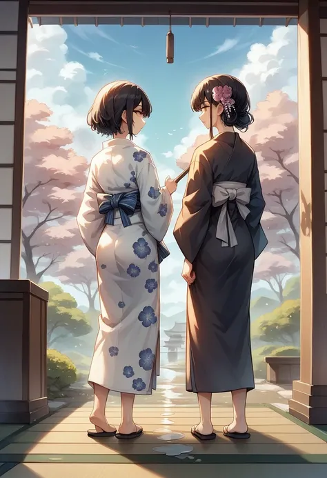 (One japanese woman:1.5), (Adult japanese women:1.5), (slender:1.3), Black Hair, Super short hair, Wearing a floral pattern yukata, Holding a white Japanese umbrella, Backshot, Look back at the camera, Hydrangea in the foreground, Looking at hydrangeas, Sk...