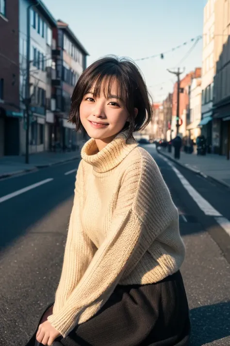 (Highest quality,masterpiece:1.3,Ultra-high resolution),(Very detailed,Caustics,8k),(Realistic:1.4,RAW shooting),At dusk,Warm Light,Vivid,street,24-years-old,cute,Japanese,Black Short Hair,The best smile,big ,down coat,Turtleneck sweater,Long skirt,Low pos...