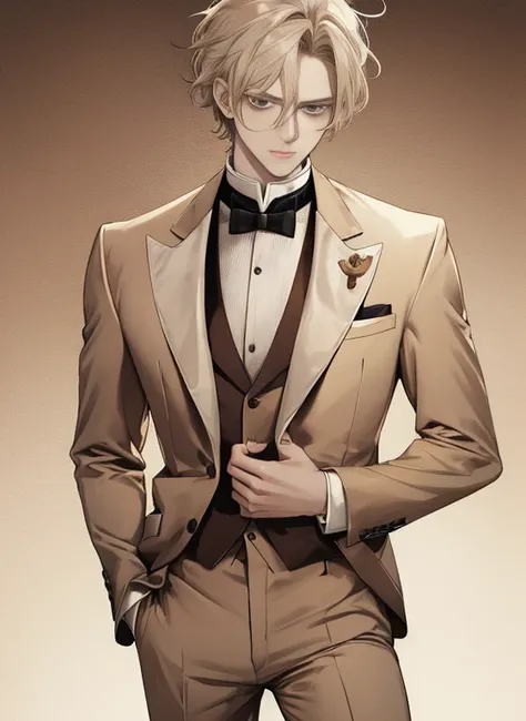 Portrait of a man in his 20s, 28 year old man, uncanny, melancholy, standing, Above the waist, hands down, ((beige three piece suit)), ((hair between the eyes)), long side hair, bangss, ((looking ahead at viewer)), Messy hair, Hair to the shoulders, beige ...