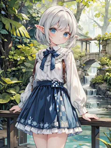 masterpiece, Highest品質, Very detailed, 16K, Ultra-high resolution、Cowboy Shot, 1 Elf girl, Detailed face、Perfect Fingers, Elf Ears, Small breasts, blue eyes, Silver Hair, Braiding, White blouse, sweater, Highest, (Checkered lace skirt:1.4), in the forest, ...