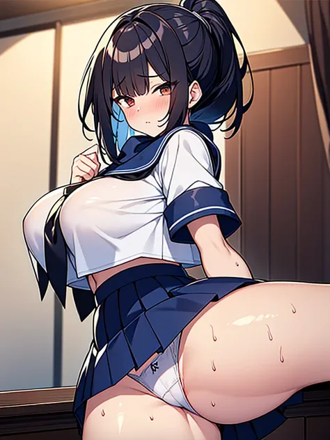 NSFW:1.3. White short-sleeved sailor uniform:1.9 White short sleeves, dark blue collar, dark blue scarf, dark blue uniform pleated skirt:1.9 Ponytail White Panties:1.3 Sex:1.9. Anime drawings with vivid colors: Tall women:1.9 Standing posture: Spread your ...