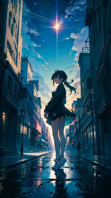 masterpiece, Exquisite detail,Highest quality, One girl, alone, handrail, cloud, Looking up at the buildings,Long Hair, zero, Long sleeve, Power lines, White footwear, Black Hair, View your viewers, Electric pole, bangs, cloudy zero, fish, bird, Green Eyes...