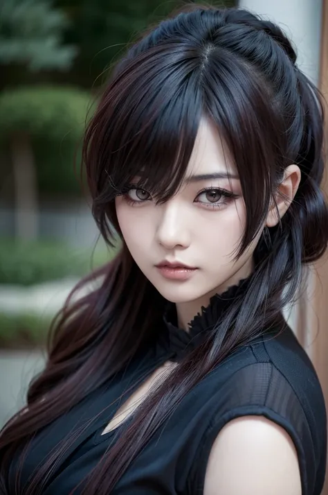 1 Japanese woman, Asian eyes, full body view, Visual kei hairstyle, 30 years old, Visual kei outfit, ultra detailed face and eyes, hyperrealistic, realistic representation