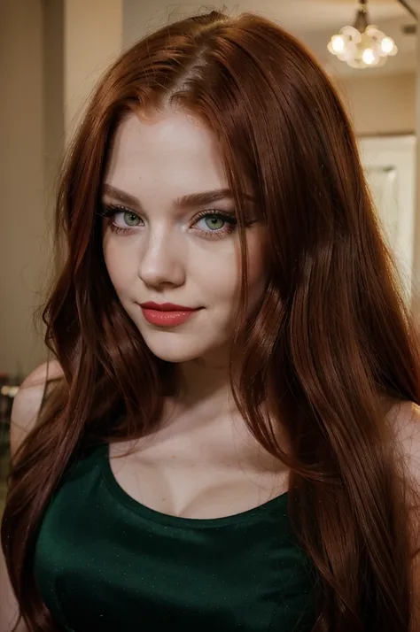 Long red hair, green eyes, sensual makeup, bold, flirtatiou, miling, full color, real teen 18 years old, 4k, portrait shot close, Hair: Long red Eyes: Green Makeup: Sensual, with emphasis on smoky eyes and red lips Build: Curvy Style: Revealing and bold