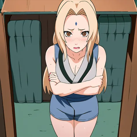 Tsunade , Brown eyes , Blonde Hair , Forehead Mark , (8K, RAW photos, best quality, masterpiece:1.2), (Intricate details), Perfect eyes, Perfect face, Perfect lighting, beautiful, (masterpiece:1.2), (best quality:1.2), 1 Girl, White shirt , Denim shorts , ...