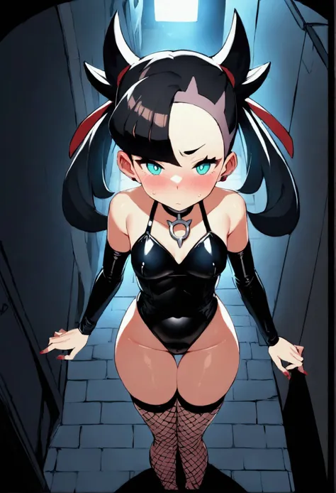 NSFW,masterpiece,Highest quality,High resolution,Super detailed,marnie_(pokemon),Aqua Eye, Black Choker, Red ribbon,Black leotard,See-through,Micro Mini Skirt,Removable sleeves,Fishnet tights,Small breasts,Be nervous,Embarrassed,blush,Downtown at night,All...