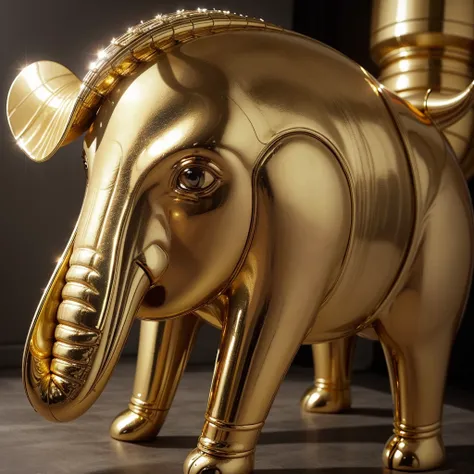 Create a high-resolution image of a luxurious, modern elephant statue. The elephant should be made of shiny, reflective gold metal. The design should be sleek and elegant, with smooth curves and fine details, including its trunk, tusks, ears, and feet. The...