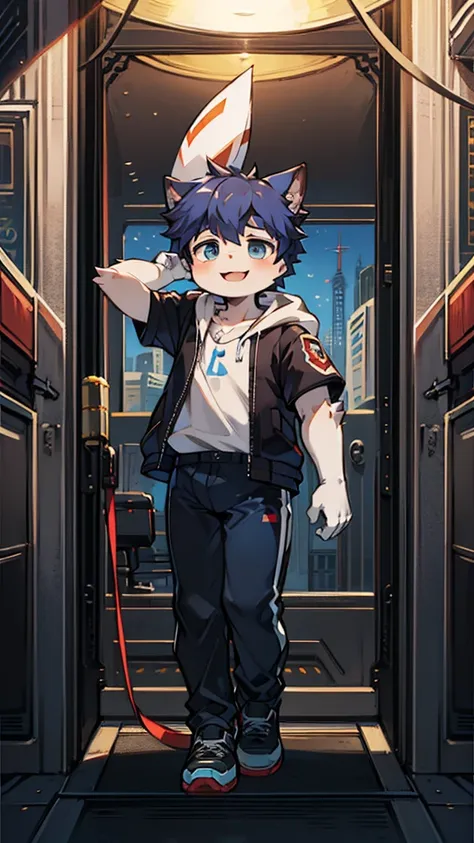 Game CG，4k picture quality，((little boy))，The feeling of youth，anime hero，Q version male character ears，happy，Windshield，White and blue racing tights，White gloves，Standing，Full body portrait，Normal hand