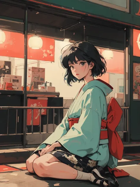 anime girl sitting on floor looking out window at city, anime aesthetic, anime vibes, Lofi Artstyle, Lo-fi portrait. anime, Lofty Girl, anime art wallpaper 4 k, anime art wallpaper 4k, anime art wallpaper 8 k, anime background art, Lofi Color, Lofi Art, an...