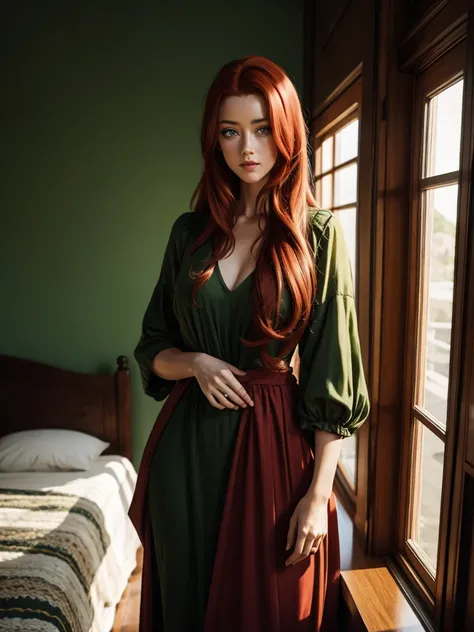 HD, (Best Detail) (Best Quality), redhead AMBER HEARD posing for photo with long red hair and green dress, mature and gorgeous, natural light and shadow