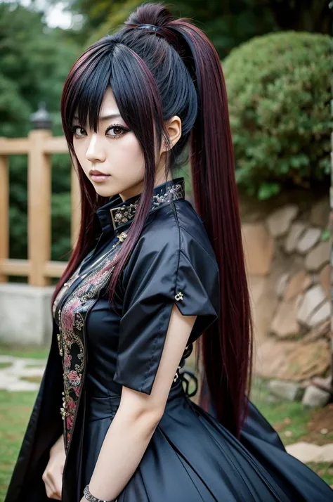 1 Japanese woman, Asian eyes, full body view, Visual kei hairstyle, 30 years old, Visual kei outfit, ultra detailed face and eyes, hyperrealistic, realistic representation