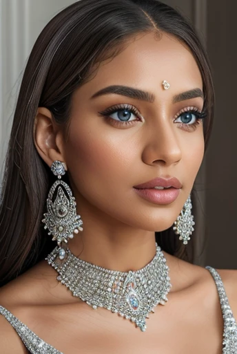 Ayesha(@ayesha)Masterpiece, Best Quality), intricate details, realist, photorealist, a close up of a woman wearing aretes, inspired by Emma Andijewska, wrapped in crystals, silver color, long aretes, sandra chevier, huge earrings, 2019, blue-eyed, platinum...