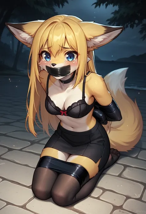 Solo, Female, (Anthro fox, Yellow fur with white details, Long yellow hair, Blue eyes, Black bra, Black skirt, Black chocker, Black long gloves, Black tights), Detailed background, Beach background, Tape mouth gag, Hands tied with tape, Legs tied with tape...