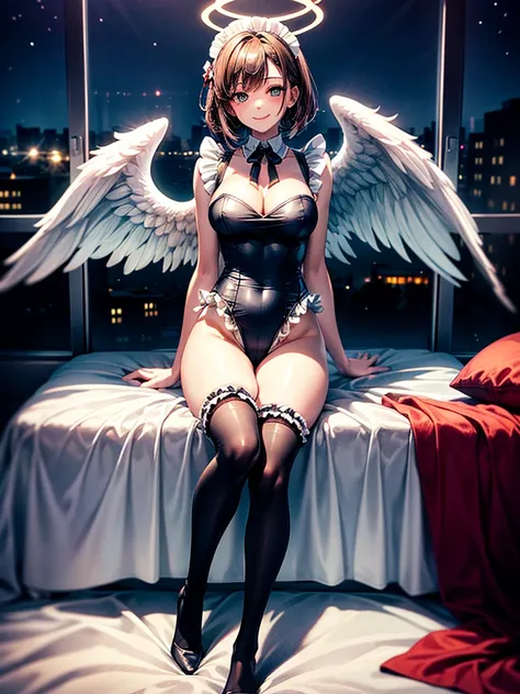 Highest Resolution,8K quality,Smiling beautiful girl in maid leotard,High leg,(((Frills))),White angel wings on your back,Halo,Bedroom,Night view outside the window,Very beautiful eyes,whole body,front,Knee-high stockings,Drink,