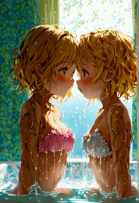 A pair of little girls，bathroom，Bathing each other，Blonde，Huge breasts，Shy expression