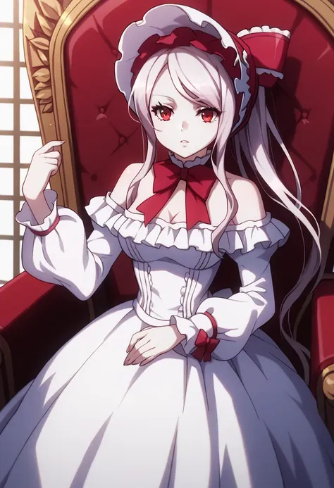 score_9, score_8_up, score_7_up, solo, 1girl,  shalltear bloodfallen, anime style, bonnet, hairbow, silver hair, pale skin, red ...