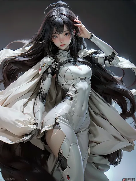 Extremely cute human eighteen year old girl face, human torso, human huge , human abdomen, human hips, robotic arms, mechanical legs, arms and legs with hard white shiny shell and black joints, very beautiful and feminine, short, , small, small, busty butt...