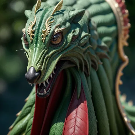 Dragão, cor, verde, vermelho e preto, ameaçador, (masterpiece: 1.2) (realistic: 1.2) (bokeh) (best quality) (detailed skin: 1.3) (intricate details) (8K) (detail eyes) (sharp focus), 