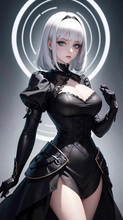 girl with white hair,with bangs, black gloves, green eyes, gothic, dress, 4K, masterpiece, perfect body, stem,perfect eyes, perfect shading, perfect lighting, best quality, work of art, ultra detailed, detailed clothing