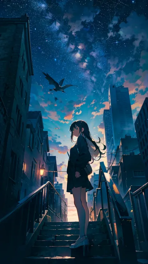 masterpiece, exquisite detail,highest quality, one girl, alone, handrail, cloud, looking up at the buildings,long hair, zero, lo...