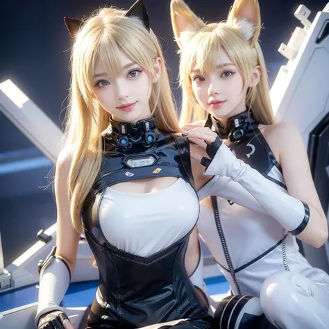 smile、Cat ear、Blonde、Futuristic、Cyber Sense、Left hand fingers in good pose、Real、フォトReal、High resolution、Robot cockpit。