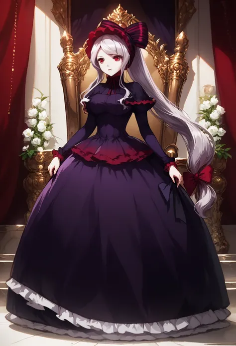 score_9, score_8_up, score_7_up, solo, 1girl, shalltear bloodfallen, anime style, bonnet, hairbow, silver hair, pale skin, red eyes, throne room, hd, detailed, PURPLE DRESS,
