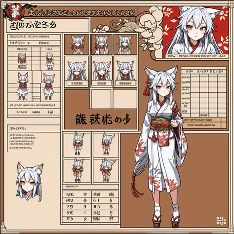 Character Sheet, A graceful wild fox girl with mostly silver hair, Japanese Shrine Maiden Costume, variation, Highest quality, pixel