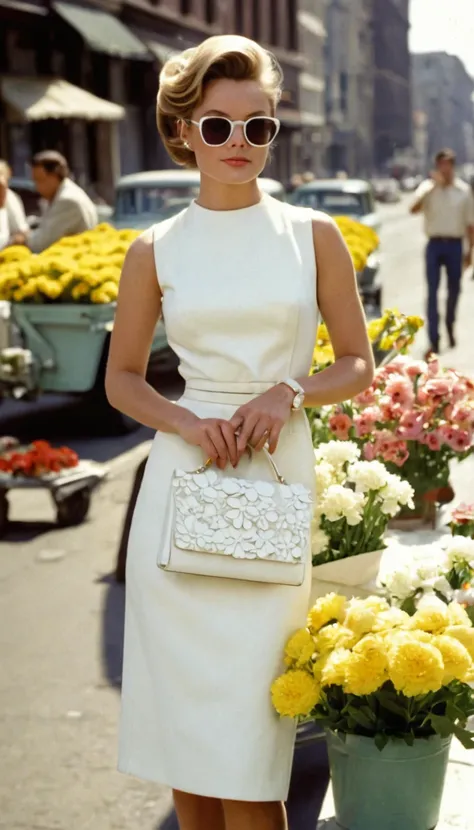 1960s Photo of a supermodel standing on a city street next to a flower stand. The woman is wearing a sleeveless white knee-length dress with a simple, elegant cut and a round neckline. Herhair is styled in an updo. In the background, there is another perso...