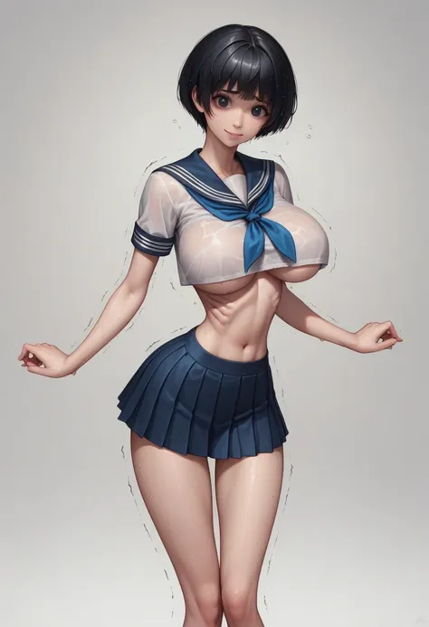 (masterpiece, best quality:1.2), Realistic photo, front shot, beautiful thin 1girl, (super big breasts, micro waist, very long legs:1.4), Black hair, short bob hair, (Extremely skinny), short height, Light Skin, cute big eyes, Small Mouth, cute beautiful t...