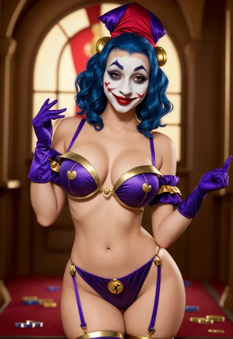 Create the image of a sexy female and very beautiful character dressed as a jester (jester or jester) with a more realistic and human appearance, and a sexy touch. The character must have a vibrant and colorful jester costume, but with a jester hat with or...